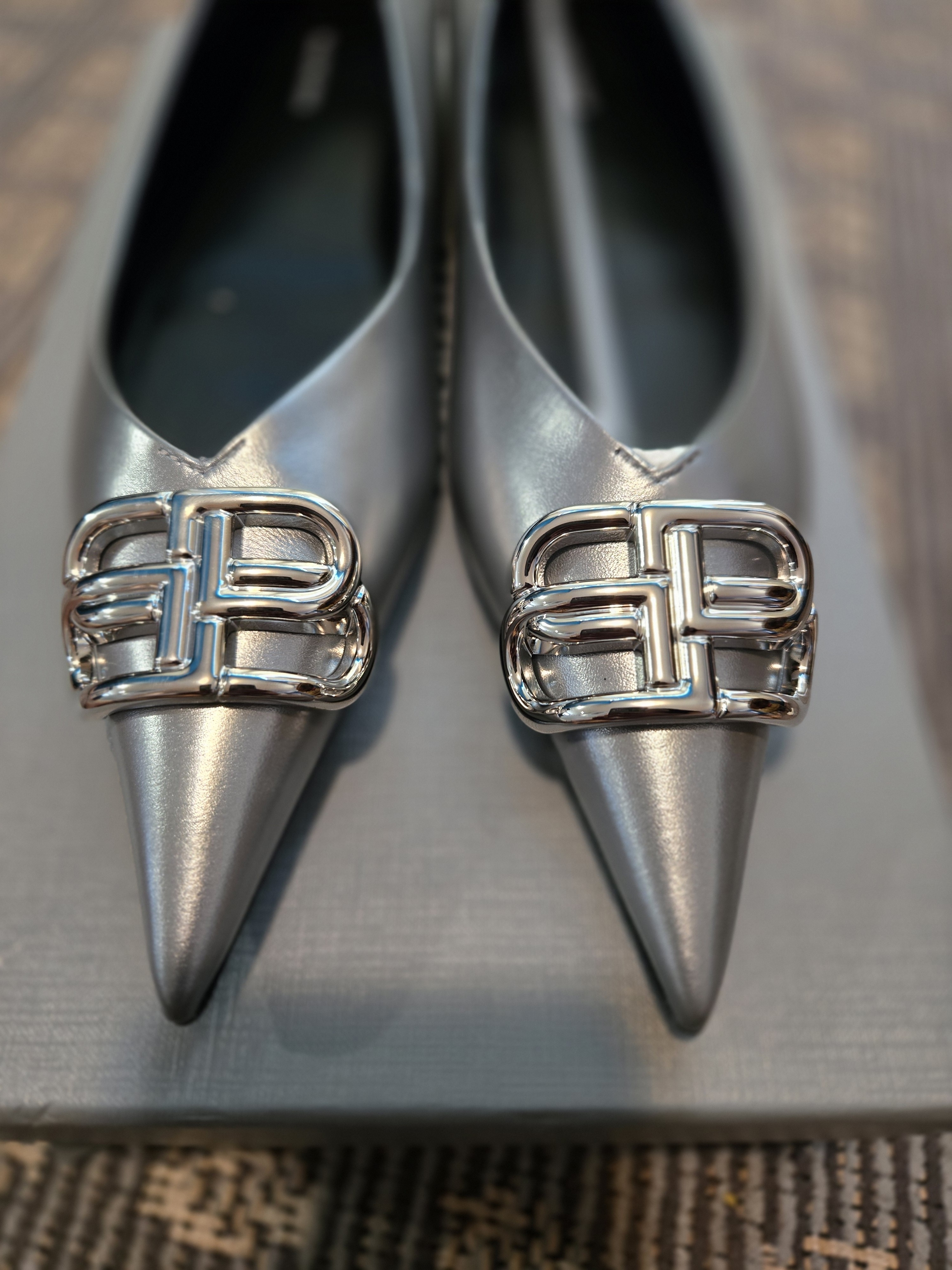 Balenciaga Silver Pointed-Toe Flats With Double-B Hardware